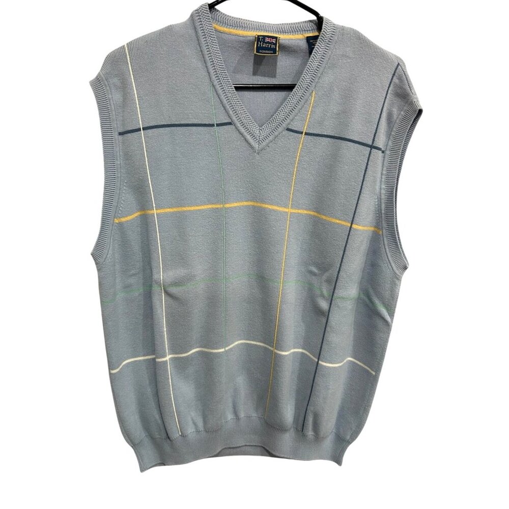 T. Harris London Mens Light Blue Sleeveless V-Neck Sweater Vest With Multicolor